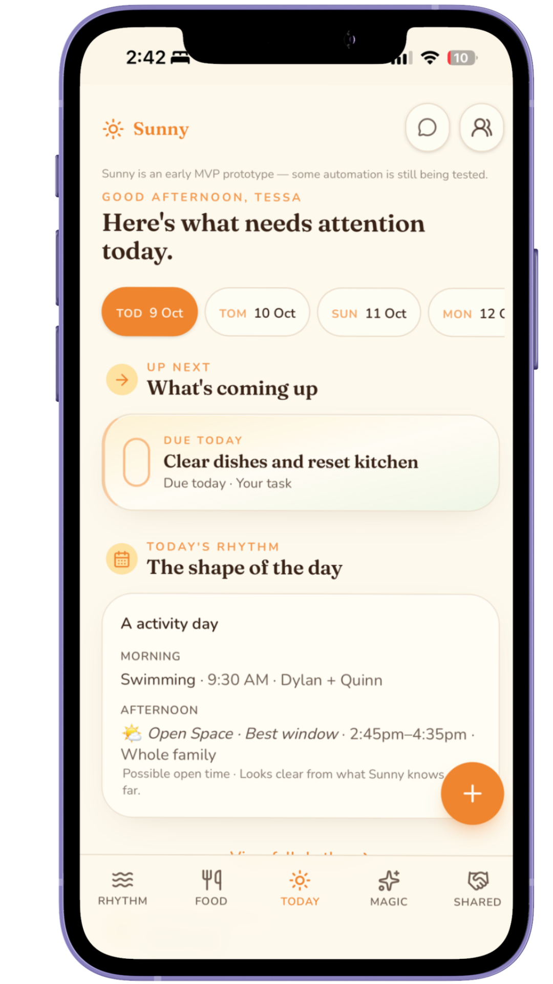 The Sunny app's Today screen, showing what needs attention, the shape of the day and a free window for the whole family